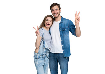 smiling young casual couple making victory or peace sign on transparent background