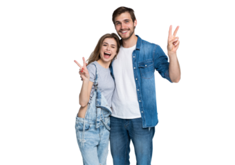 smiling young casual couple making victory or peace sign on transparent background