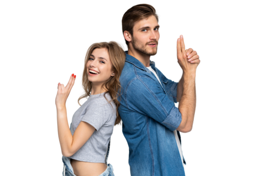 Portrait of happy couple isolated on transparent background. Attractive man and woman being playful.