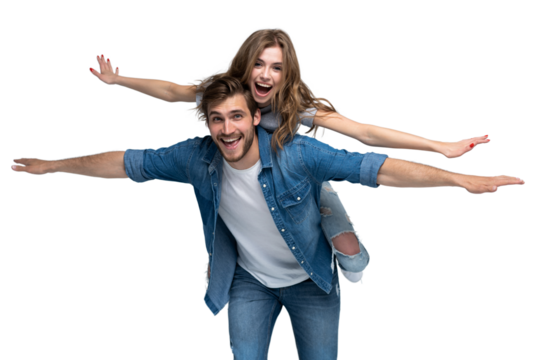 Cute portrait of couple. Guy rolls a girl on his back on transparent background - Powered by Adobe
