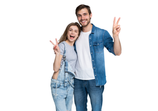 smiling young casual couple making victory or peace sign on transparent background - Powered by Adobe