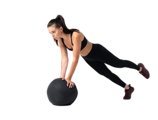 Fit and strong female athlete working out with a medicine ball to get better core strength and stability on transparent background