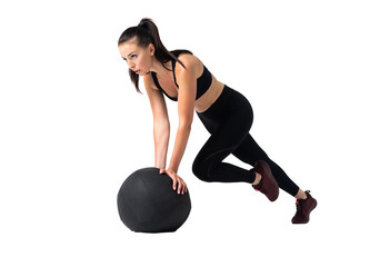 Fit and strong female athlete working out with a medicine ball to get better core strength and stability on transparent background