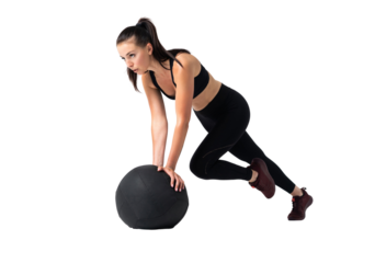 Fit and strong female athlete working out with a medicine ball to get better core strength and stability on transparent background
