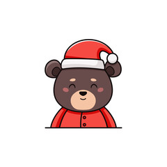 Christmas vector flat illustration in cartoon style with cute black bear dressed in Santa Claus suit