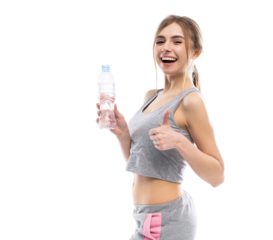 Sport girl with water and show thumb up isolated on transparent