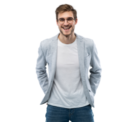 Portrait of attractive masculine fashionable modern stylish guy wearing blue blazer, jeans keeping hands in pockets isolated on transparent