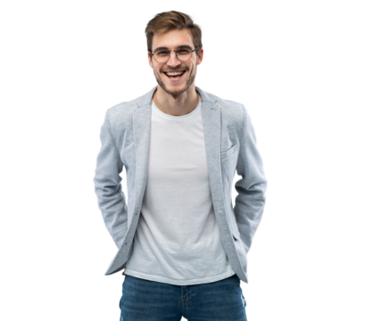 Portrait of attractive masculine fashionable modern stylish guy wearing blue blazer, jeans keeping hands in pockets isolated on transparent
