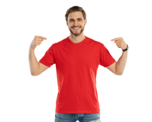 Clothes Template. Happy man pointing at red t-shirt, mockup for logo or branding design on transparent
