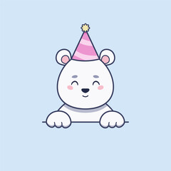 Cute polar bear is wearing party hat in cartoon style. Vector flat illustration