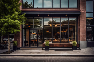 Chic Urban Restaurant with Large Windows, Warm Interior Glow, and Elegant Brick Exterior.