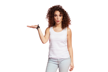Photo of happy young woman standing isolated over transparent background. Looking camera showing copyspace pointing.