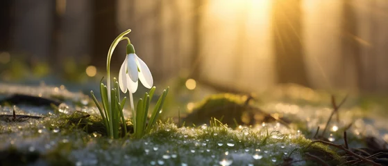 Fotobehang Lone Snowdrop in Soft Sunrise Light on Dewy Morning. © Pics_With_Love