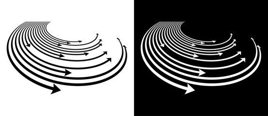 Arrows in parallel lines and with perspective. A white lines on a black background and the same illustration with inverted colors. - obrazy, fototapety, plakaty