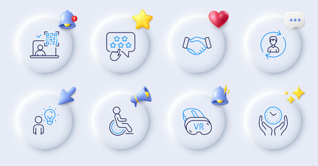Disability, Ranking star and Vr line icons. Buttons with 3d bell, chat speech, cursor. Pack of Safe time, Handshake, Group people icon. Human resources, Qr code pictogram. Vector