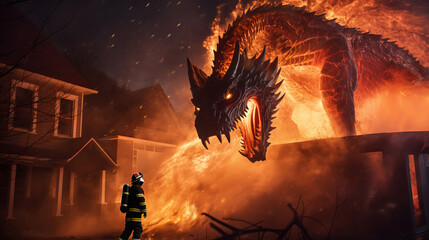 Firefighter bravely confronts sinister fire dragon amidst house fire symbolizing heroic struggle against destructive forces of calamitous blaze, powerful dramatic scene of raging flames - obrazy, fototapety, plakaty