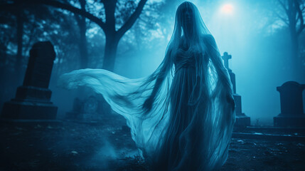 Mysterious female ghost silhouette veiled in translucent fabric emerges from fog in old cemetery among tombstones, creating an otherworldly ambiance and aura of ghostly mystique, scary ghost at night - obrazy, fototapety, plakaty