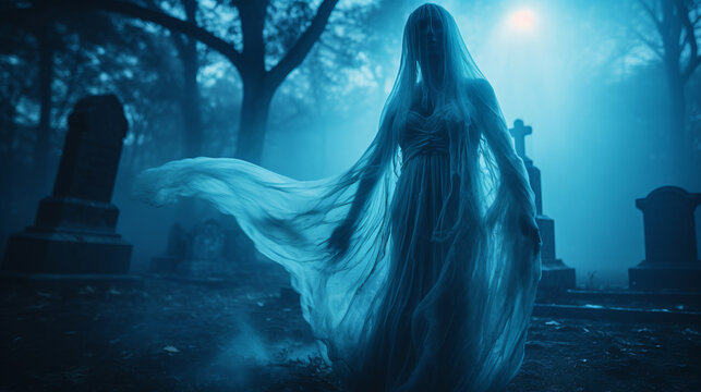 Mysterious female ghost silhouette veiled in translucent fabric emerges from fog in old cemetery among tombstones, creating an otherworldly ambiance and aura of ghostly mystique, scary ghost at night