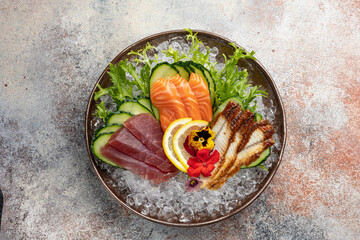 Salmon, eel and tuna sashimi.