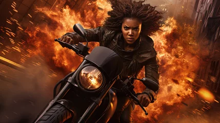 Action shot with black woman on the bike riding away from fire and explosion. Dynamic scene in action movie blockbuster style. © swillklitch