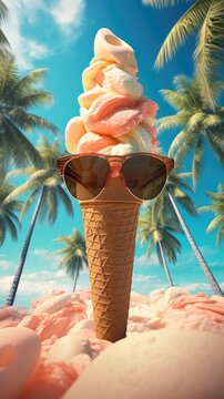 Icecream wearing sunglasses on a summer beach between palm trees ai