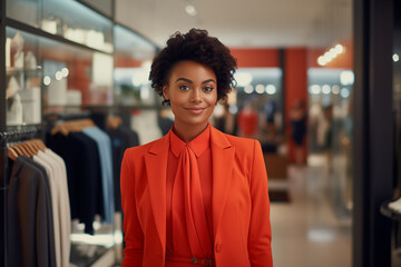 Fototapeta premium African American Female Sales Manager in Fashion Boutique, Retail Employee in Orange Blazer.