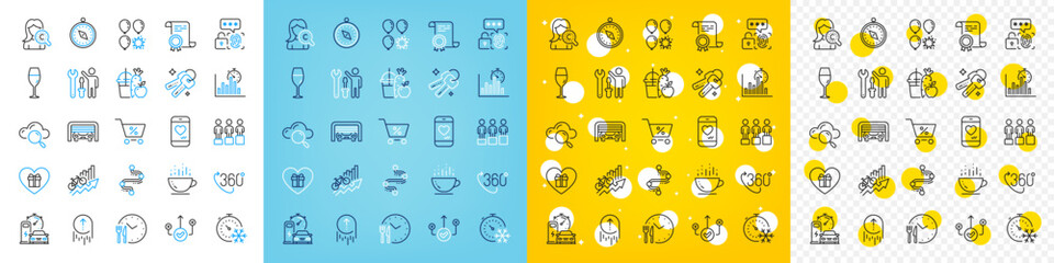Vector icons set of Special offer, Cloud computing and Romantic gift line icons pack for web with Freezing timer, Travel compass, Love chat outline icon. Biometric security, Keys. Vector