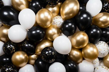 black and gold helium air balloons on white background, celebrate, party.