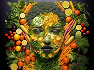 Veggie-face portrait of a woman made with fresh, colorful vegetables. Perfect for healthy living, food & nutrition concepts Illustration Generative AI