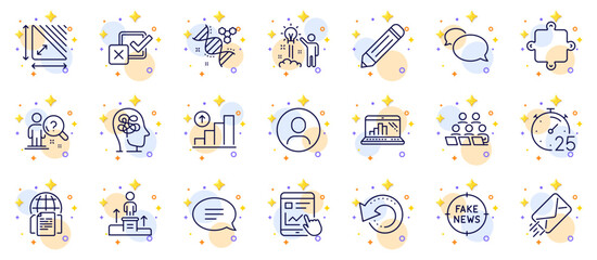 Outline set of Headshot, Chat and Stress line icons for web app. Include Recovery data, Graph laptop, Business podium pictogram icons. Fake news, Internet documents, Search employee signs. Vector