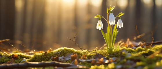Snowdrops at sunset in forest during Spring. Copy space on blurred background. - obrazy, fototapety, plakaty