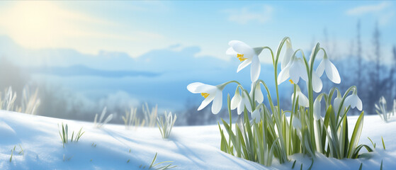 Snowdrops flourishing on a snowy hill with soft daylight and misty mountains - obrazy, fototapety, plakaty