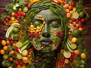 Veggie-face portrait of a woman made with fresh, colorful vegetables. Perfect for healthy living, food & nutrition concepts Illustration Generative AI