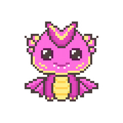 Fototapeta premium Funny pink pixel magical dragons. Kawaii colorful cute dinosaur with fantasy 8bit graphics and horns with legendary smiling little vector monsters