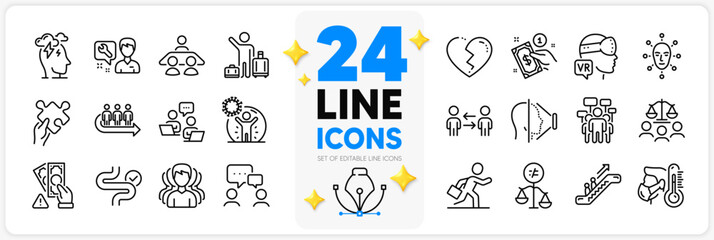 Icons set of Broken heart, Teamwork and Puzzle line icons pack for app with People chatting, Stress, Augmented reality thin outline icon. Queue, Coronavirus protection, Escalator pictogram. Vector