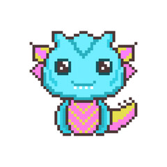 Obraz premium Cute turquoise pixel dragons. Kawaii dinosaur with funny ears and fantasy 8bit graphics and fabulous horns and legendary smiling little vector monsters