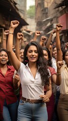 Women's Day. Group of united Indian women claiming their power in the streets Generative AI