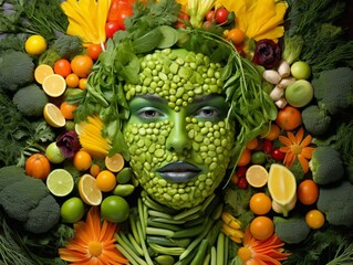 Veggie-face portrait of a woman made with fresh, colorful vegetables. Perfect for healthy living, food & nutrition concepts Illustration Generative AI