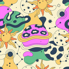 Seamless pattern. Vibrant vector illustration with abstract planets, stars, suns. Groovy galactic. Cartoon space. Playful, surreal style. Psychedelic mood. Design for fabric, wrapping paper, notebook