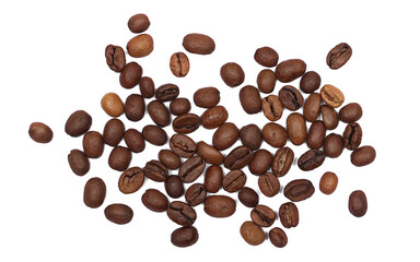 Pile coffee beans isolated on white background and texture, top view
