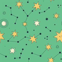 Seamless pattern. Green vector illustration with abstract constellations, stars. Groovy galactic. Cartoon space. Playful, magic style. Design for wallpaper, fabric, wrapping paper, notebook covers
