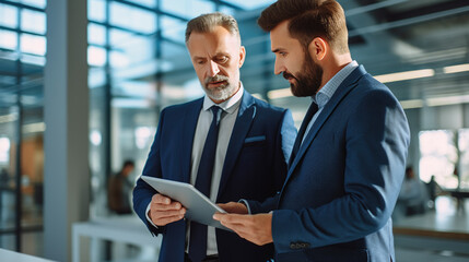 Two businessmen in suits looking at a tablet together in a modern office environment.