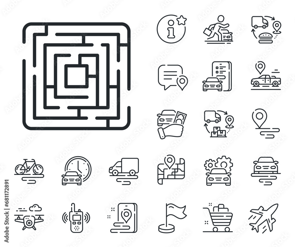 Poster labyrinth game sign. plane, supply chain and place location outline icons. maze line icon. find exit
