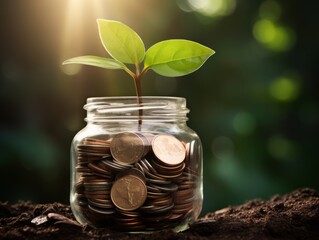 Conceptual image of a plant growing in a jar filled with coins, symbolizing saving for the future Illustration Generative AI