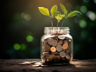 Conceptual image of a plant growing in a jar filled with coins, symbolizing saving for the future Illustration Generative AI
