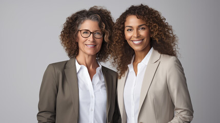 Two smiling businesswomen, standing confidently against grey background