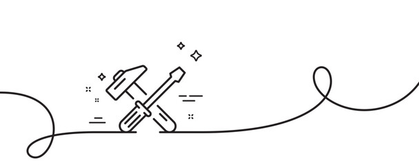 Hammer and screwdriver line icon. Continuous one line with curl. Repair service sign. Fix instruments symbol. Hammer tool single outline ribbon. Loop curve pattern. Vector