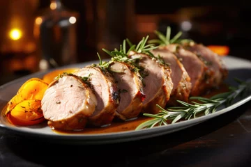 Tuinposter Pork tenderloin with apricots, oranges and rosemary on the plate close up © pilipphoto