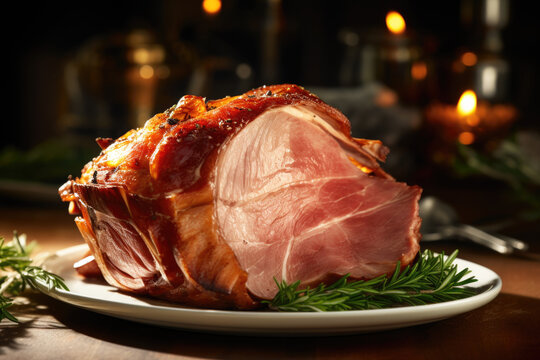 Glazed ham with rosemary and spices on the plate close up