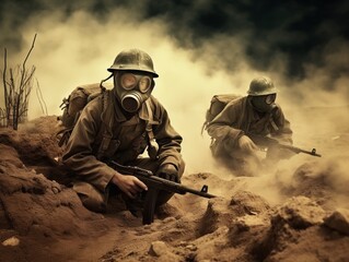 soldiers on the battlefield in world war ii, no visible faces. dusty background Illustration Generative AI